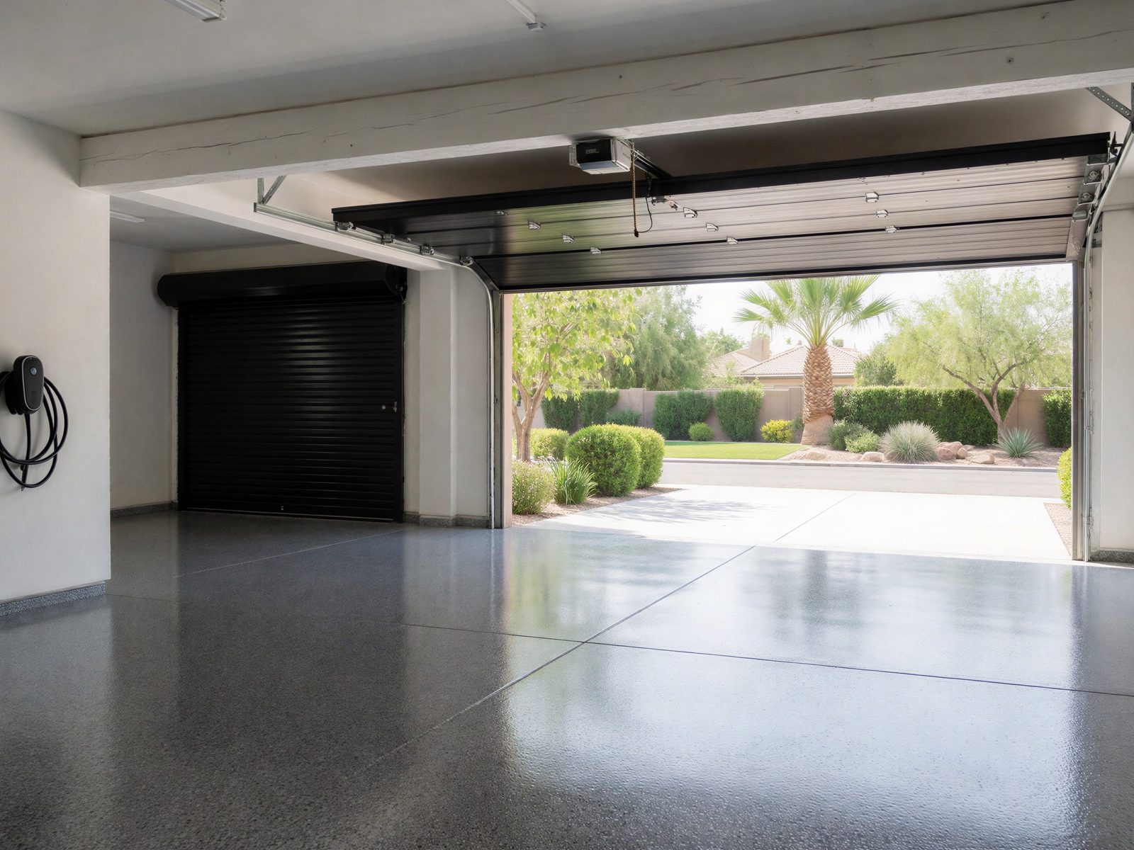 Installer spreading gray floor coating across a concrete slab with a long-handled applicator