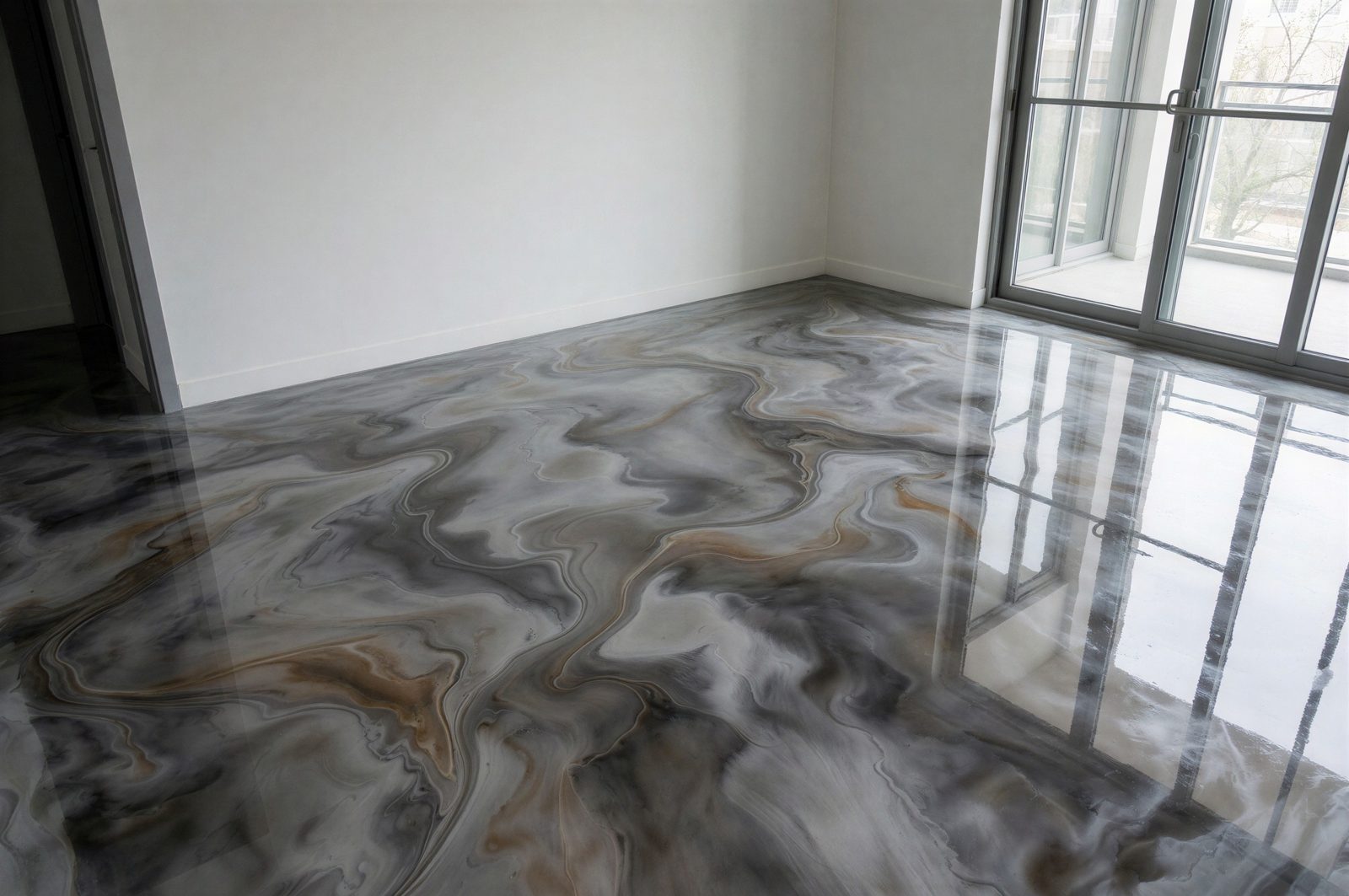 Swirling blue, gray and white pattern like a metallic epoxy floor finish